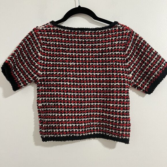 Pol Sweater Top Size M Red White Stripes Fuzzy Soft Short Sleeve Y2K Grunge - Picture 2 of 6